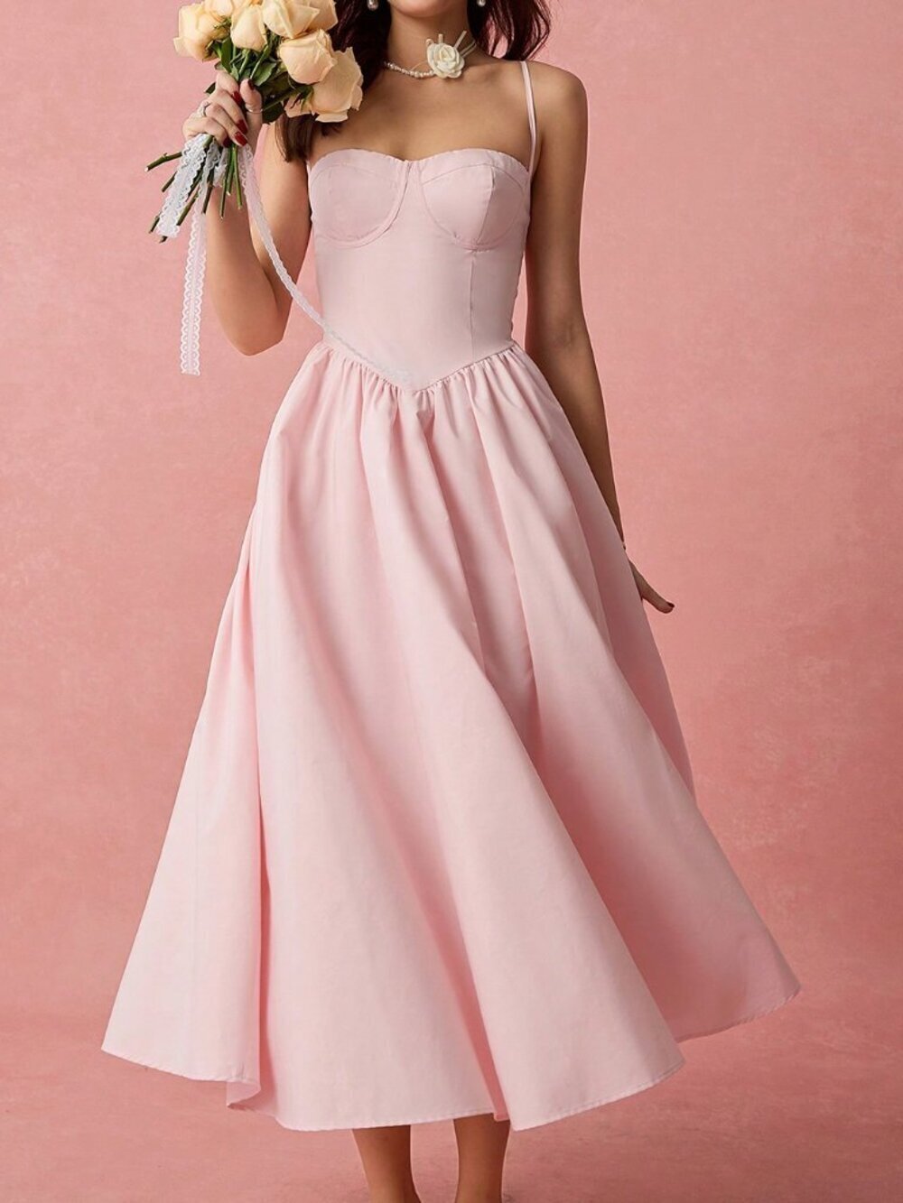 Pink Elegant Women's Romantic Pleated Long Dress